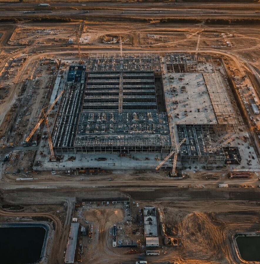 morning aerial view of a data center, ai generated