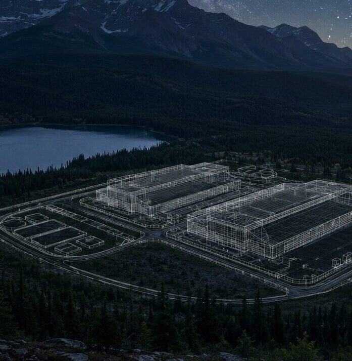 nightime render of data center building